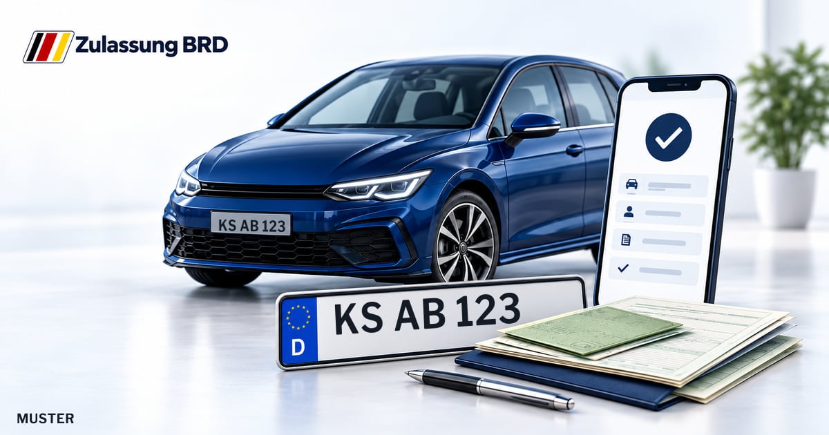 Online Fahrzeugzulassung in Ahnatal: Musterkennzeichen KS AB 123, Auto und Fahrzeugpapiere und Smartphone. Illustration mit Logo von Zulassung BRD.